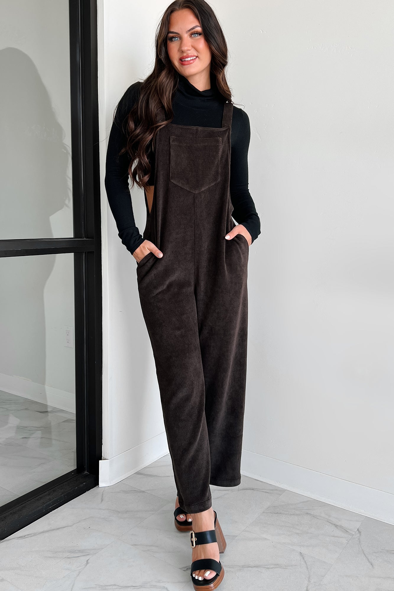 Playful Impression Soft Corduroy Overall Jumpsuit (Dark Brown)