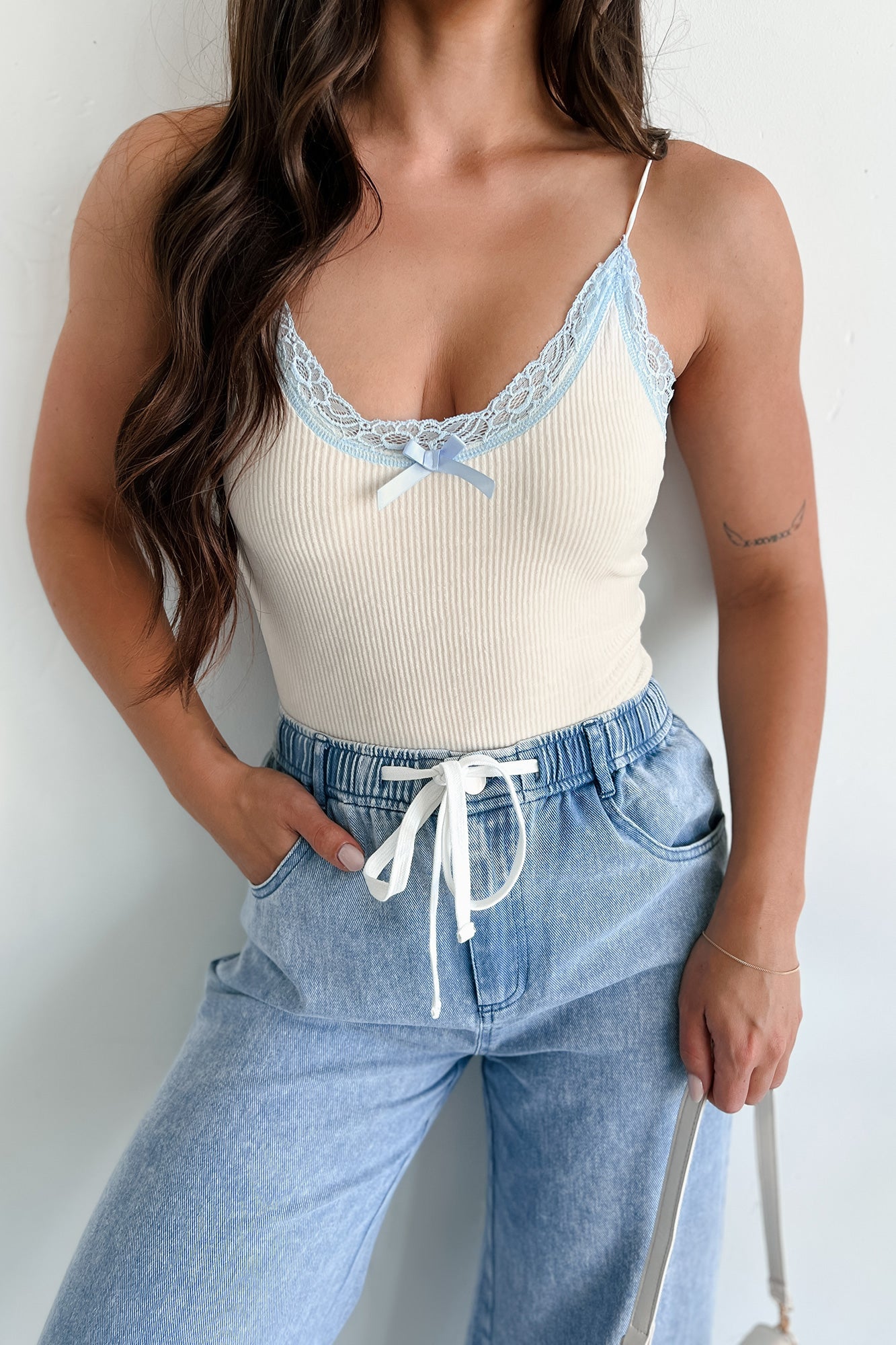 Simply Fiction Lace Trim Velvet Bodysuit (Cream/Light Blue)