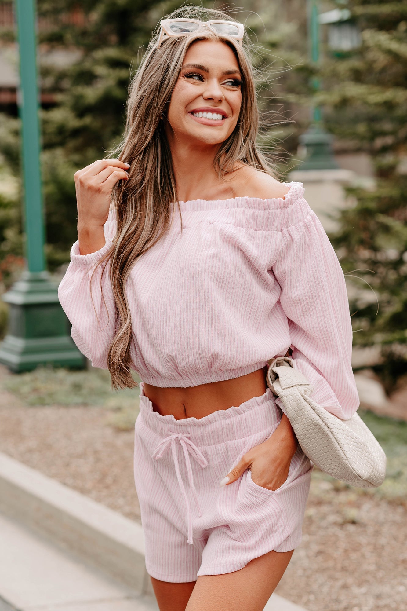 Warm Wishes Striped Off The Shoulder Shorts Set (Pink/White)