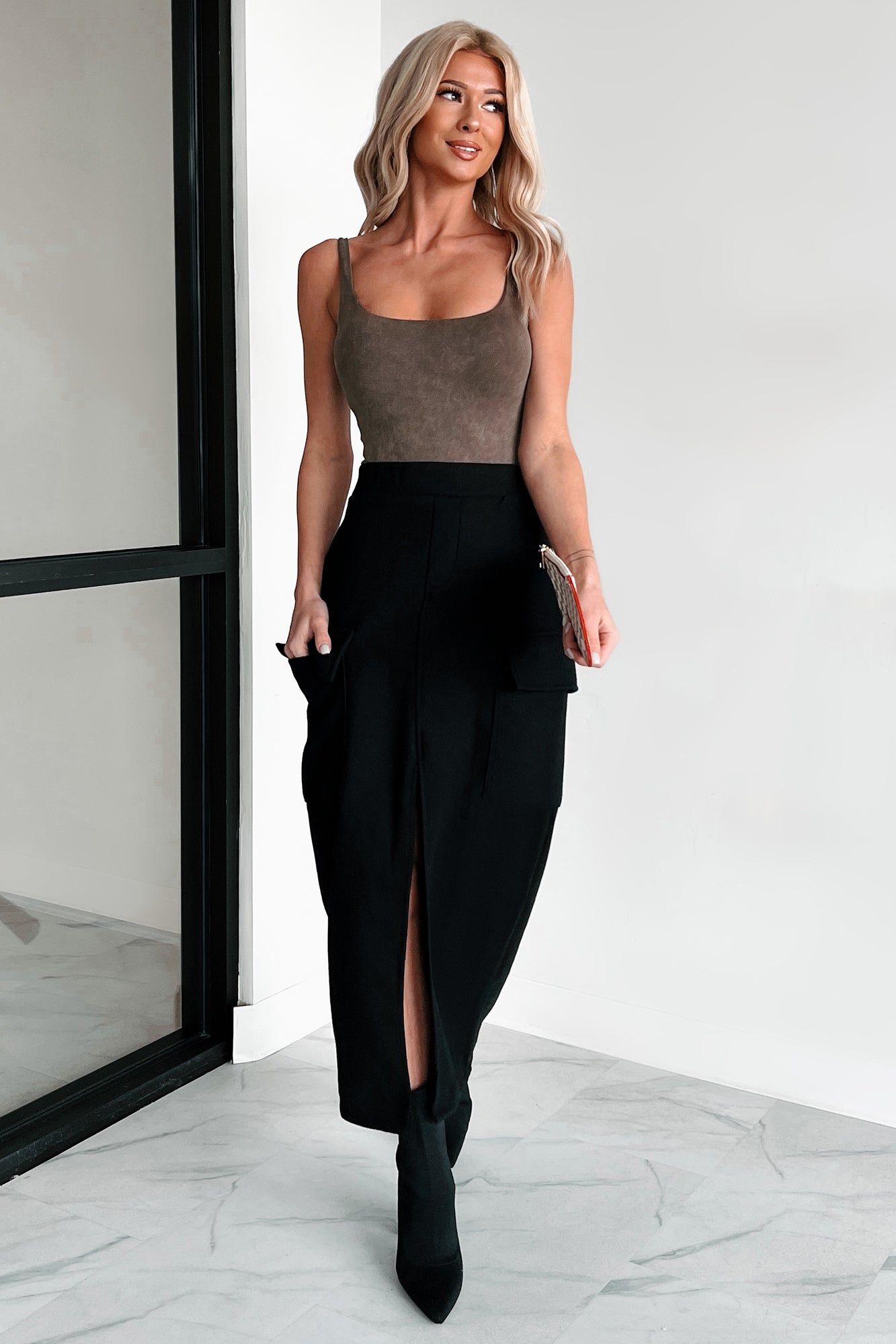 Setting New Standards Brushed Knit Cargo Midi Skirt (Black)