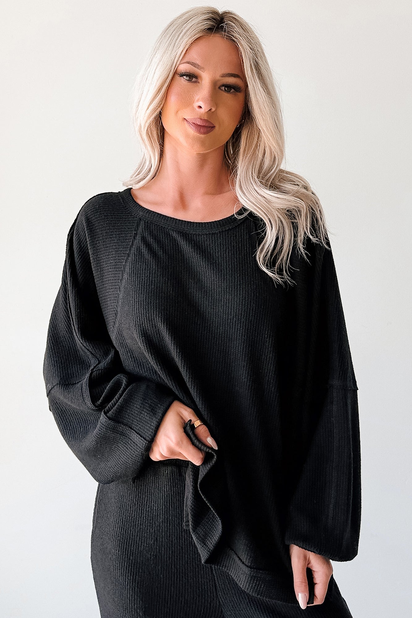 Still Breathing Waffle Knit Long Sleeve Top (Black)