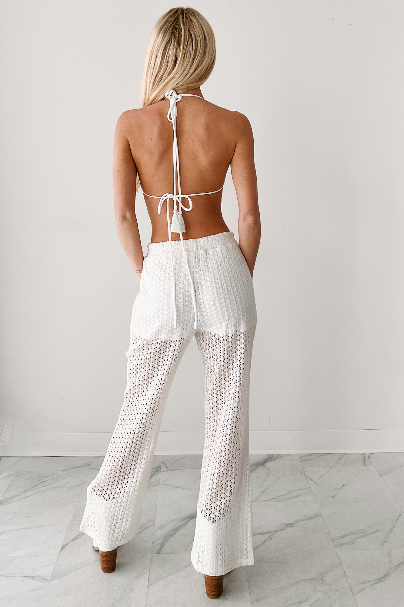 Summer Roadtrips Crochet Bra & Flare Pant Set (Ivory)